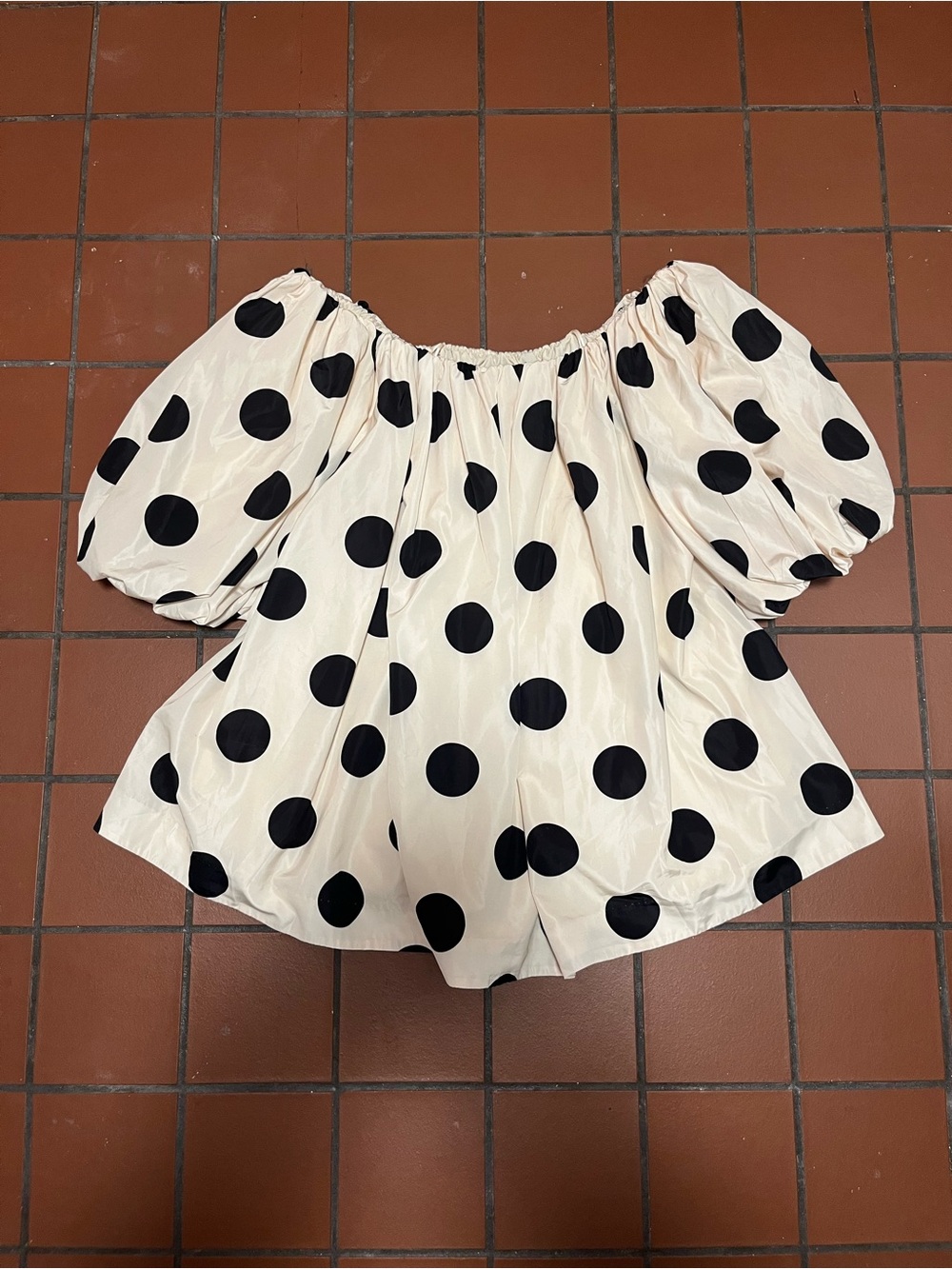 Mare Mare Polka Dot Off-Shoulder Puff Sleeve Mini Dress - Black on Cream